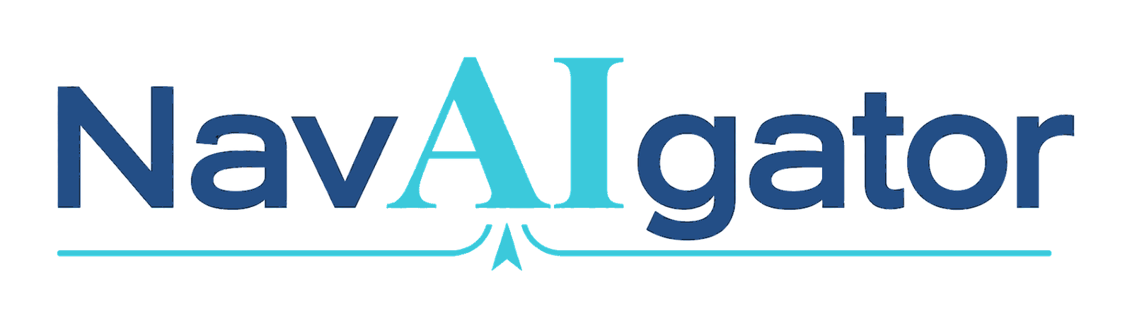 NavAIgator wordmark: Nav and gator in navy, AI in a cyan serif, a cyan pulse line beneath rising into a compass needle